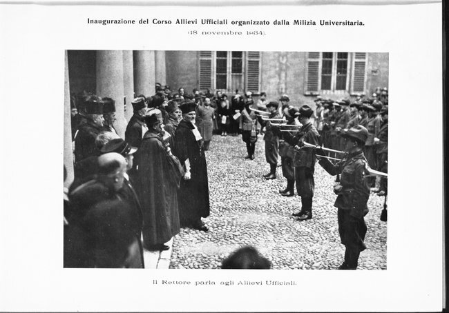Inaugurazione del Corso Allievi Ufficiali organizzato dalla Milizia Universitaria (18 novembre 1934). Il Rettore parla agli Allievi Ufficiali
